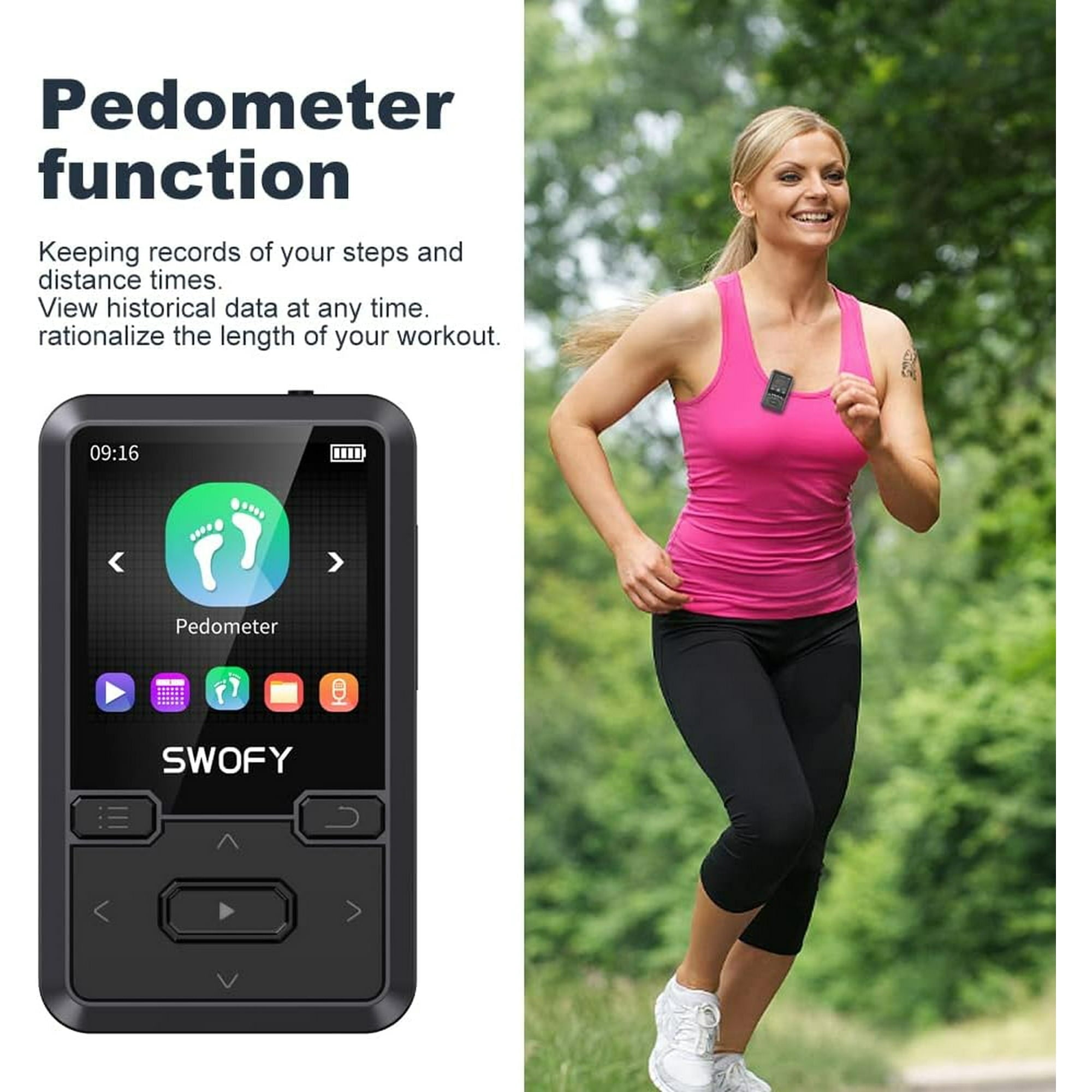 32GB MP3 Player with Bluetooth 5.0  Mini Clip Portable Wearable MP3 Player with FM Radio Recording  Children s Music mp3 Player  Mp3 Mp4 Player with Pedometer  Music Player Support up to 128GB(Black)