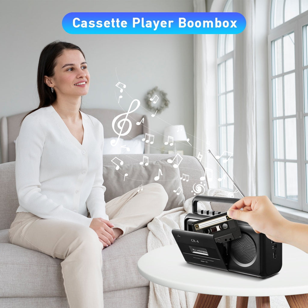 Cassette Tape Player Boombox Portable Cassette Player AM/FM/SW Radio Stereo Tape Player/Recorder with Big Speaker and Earphone Jack AC Powered or Battery Operated Black
