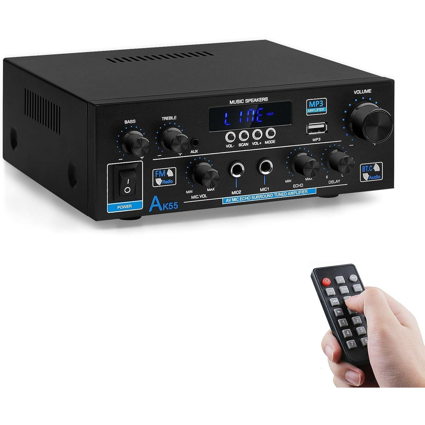 AK55 Amplifier Home Audio Stereo Receiver with Bluetooth 5.0 Rated Power 70W X2 Mini AMP 2.0 Channel HiFi Stereo Amplifier for Home Theater Audio System  Studio  Karaoke  W/Bass/Treble/AUX/FM/MIC/USB