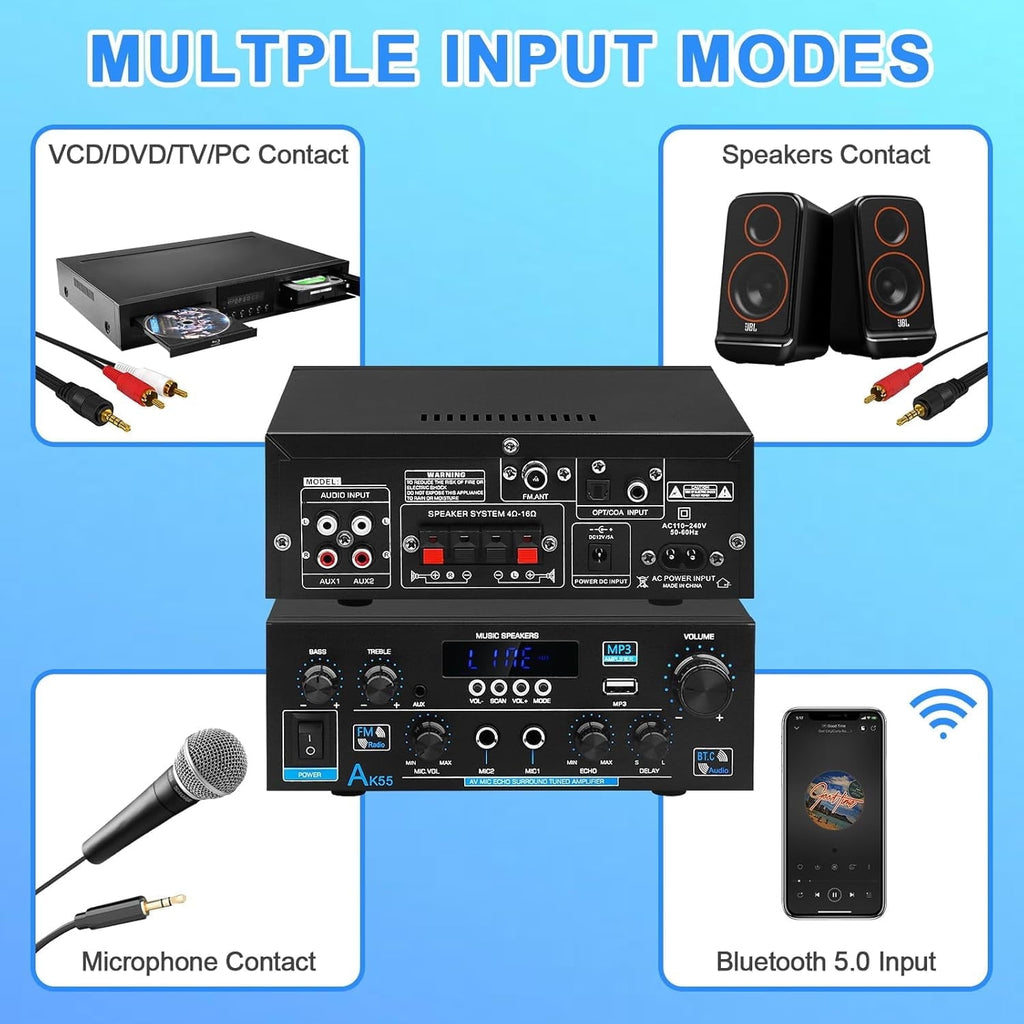 AK55 Amplifier Home Audio Stereo Receiver with Bluetooth 5.0 Rated Power 70W X2 Mini AMP 2.0 Channel HiFi Stereo Amplifier for Home Theater Audio System  Studio  Karaoke  W/Bass/Treble/AUX/FM/MIC/USB