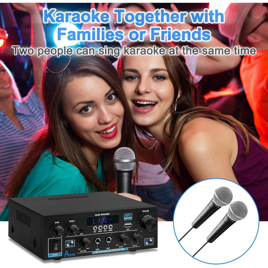 AK55 Amplifier Home Audio Stereo Receiver with Bluetooth 5.0 Rated Power 70W X2 Mini AMP 2.0 Channel HiFi Stereo Amplifier for Home Theater Audio System  Studio  Karaoke  W/Bass/Treble/AUX/FM/MIC/USB