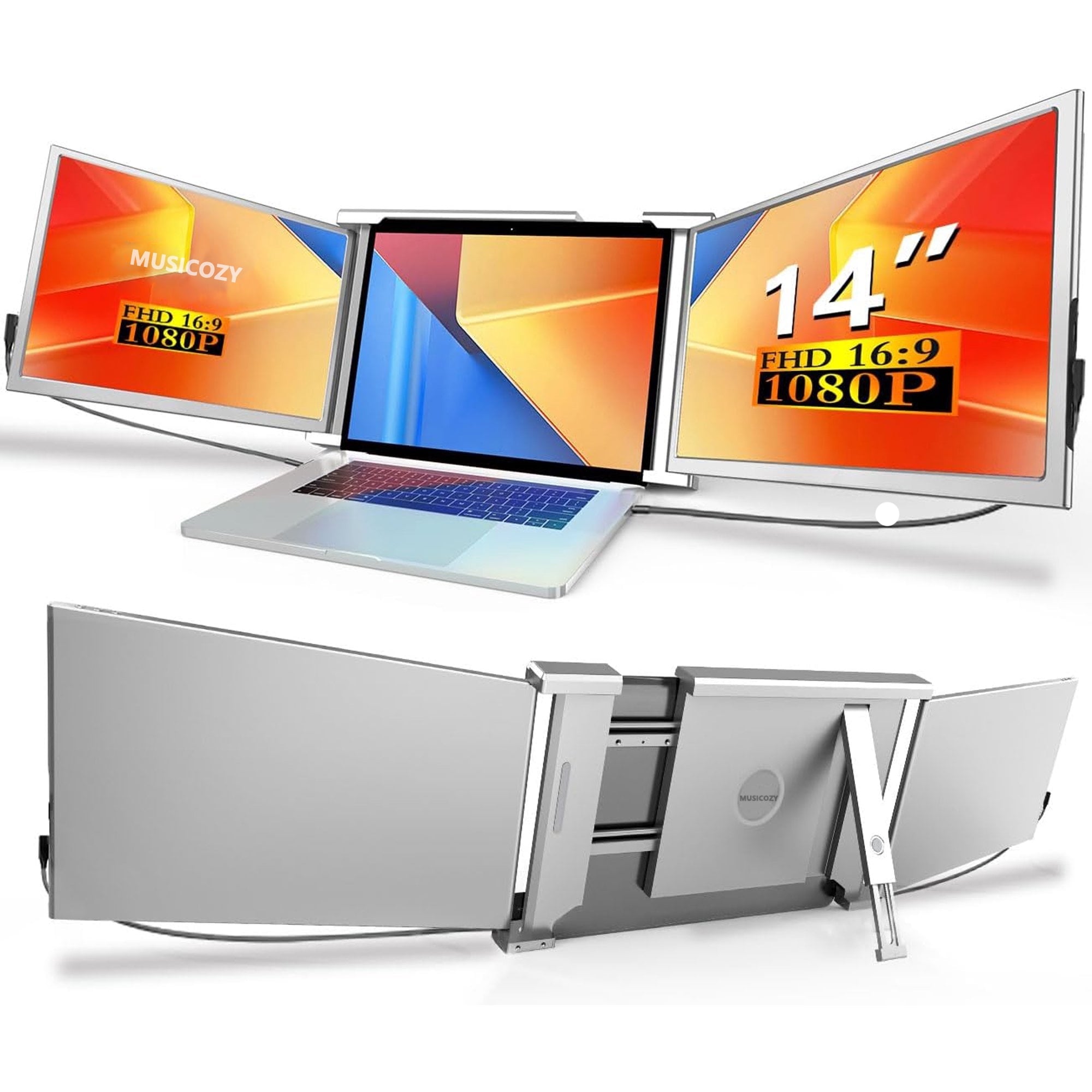 Laptop Screen Extender 14 Triple FHD 1080P Monitor for Laptop Extension-315°Rotate Portable Dual Monitor Screen for 13.3 -16.5  Screen Type-C/HDMI/USB-A Plug & Play for Wins/Mac/ Travel Gaming Work
