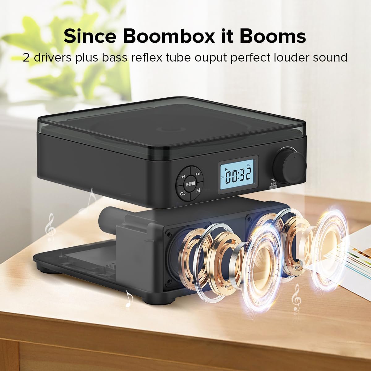 Portable CD Player Boombox with Bluetooth CD Players for Home with Stereo Speakers Rechargeable BoomBox CD Player with FM Radio Support CD/MP3 USB/TF Card Headphone Jack for Home and Kids Gift