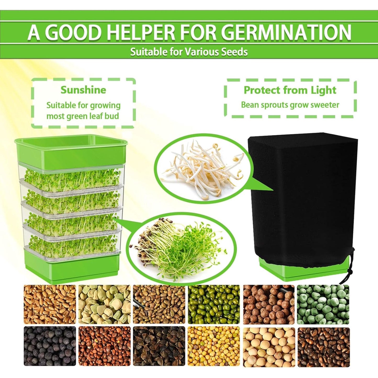 MUSICOZY 4 Layers Seed Sprouting Tray Kit with Drain Holes and Drain Tray  Upgrade Stackable Microgreens Fresh Organic Bean Seed Sprouter Tray Ripple Soil-Free Sprouter Tray for Beans Alfalfa Seeds