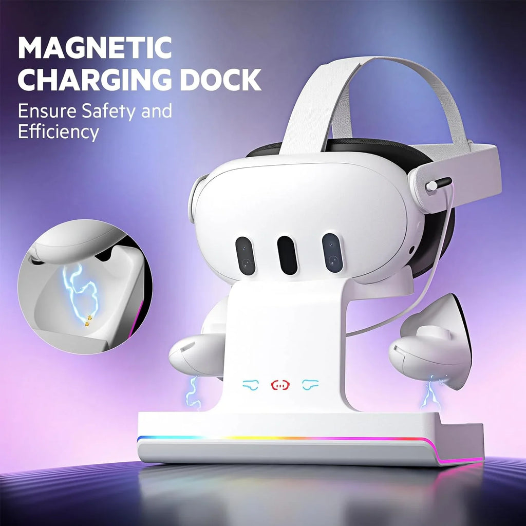 Charging Dock for Oculus/Meta Quest 3- Magnetic Docking Station with LED Light - Headset Display Stand and Controller Mount  2 * 1800Mah Rechargeable Batteries White