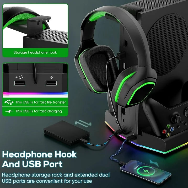 Cooling Stand&Charging Station for Xbox Series S with RGB Light Strip Dual Charger of Controllers and Cooler Fan for XSS Console Accessories with 2*1400mAH Rechargeable Battery Pack 1*Headphone Hook