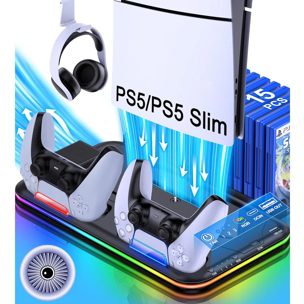 PS5 Slim Stand and Turbo Cooling Station with Controller Charging Station for Playsation 5  PS5 Accessories Incl. 3 Levels Cooling Fan  RGB Light  15 Game Storage  Headset Holder for PS5 Digital/Disc