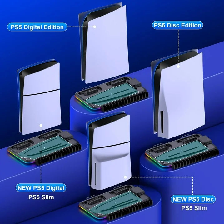 PS5 Slim Stand and Turbo Cooling Station with Controller Charging Station for Playsation 5  PS5 Accessories Incl. 3 Levels Cooling Fan  RGB Light  15 Game Storage  Headset Holder for PS5 Digital/Disc
