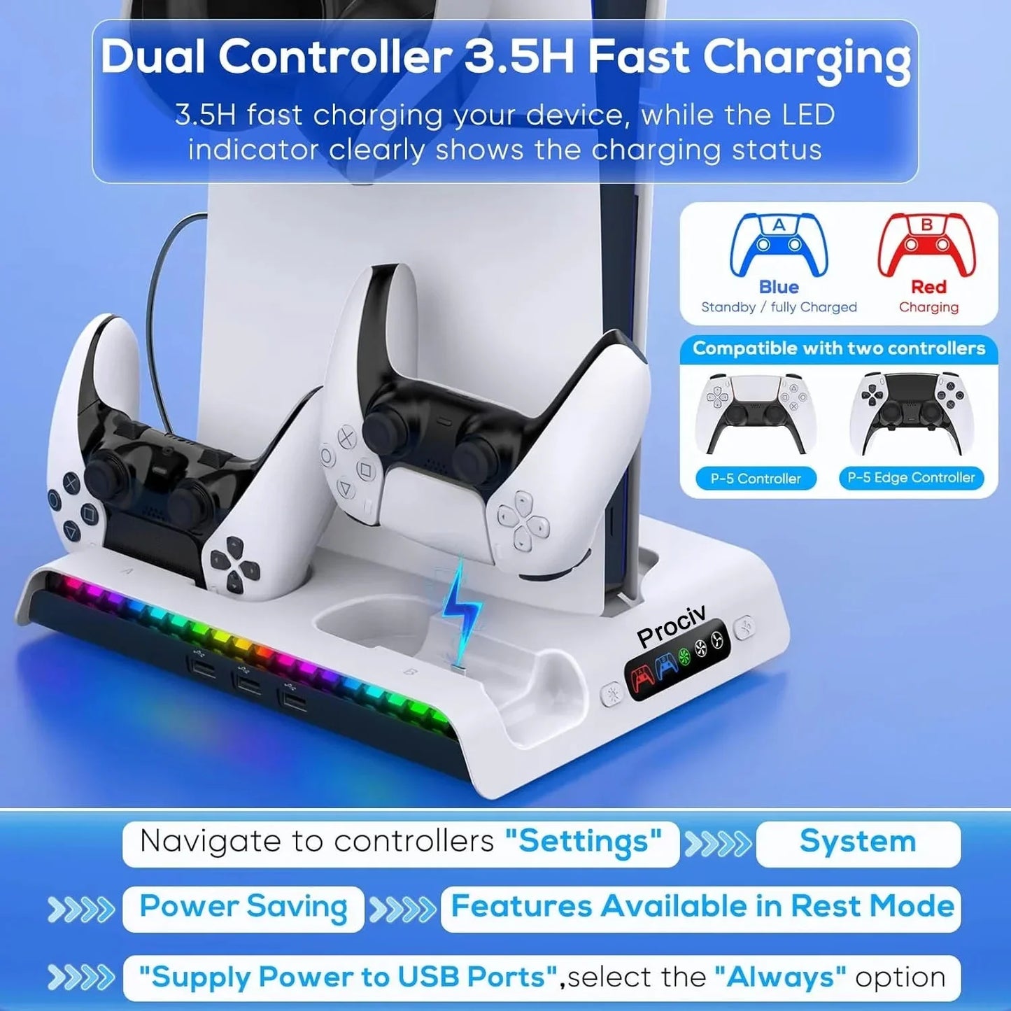 Prociv Charging Stand with Cooling Fan Only for PS5 Slim Console  Dual Controller Charger Station with 9 RGB Lights & Headset Hook & 3-Level Silent Fan  Cooler Accessories for PS5 Slim Digital/Disc