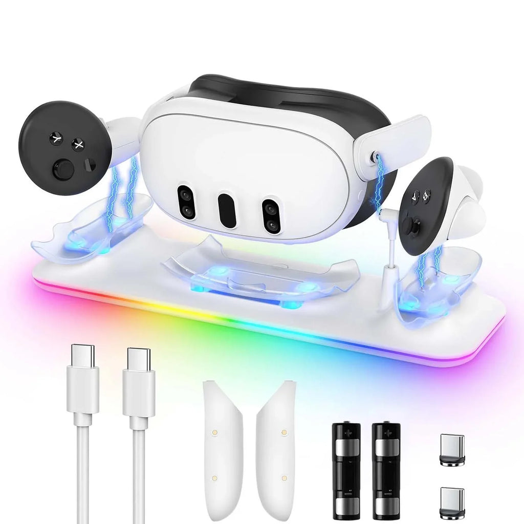 VR Charging Dock for Meta Quest 3  Fast Charging Station with Colorful RGB Light for Oculus Quest 3  Magnetic Charging Stand for VR Headset and Touch Controllers with 2 Rechargeable Batteries  White
