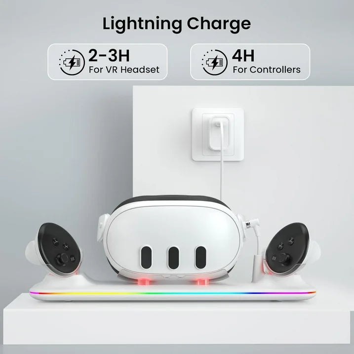 VR Charging Dock for Meta Quest 3  Fast Charging Station with Colorful RGB Light for Oculus Quest 3  Magnetic Charging Stand for VR Headset and Touch Controllers with 2 Rechargeable Batteries  White