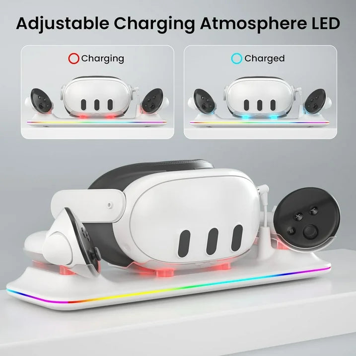 VR Charging Dock for Meta Quest 3  Fast Charging Station with Colorful RGB Light for Oculus Quest 3  Magnetic Charging Stand for VR Headset and Touch Controllers with 2 Rechargeable Batteries  White