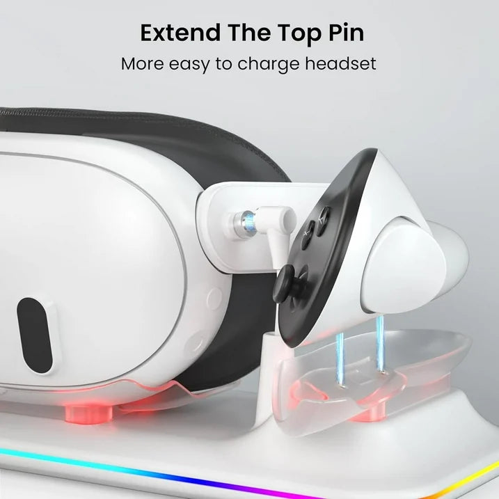VR Charging Dock for Meta Quest 3  Fast Charging Station with Colorful RGB Light for Oculus Quest 3  Magnetic Charging Stand for VR Headset and Touch Controllers with 2 Rechargeable Batteries  White