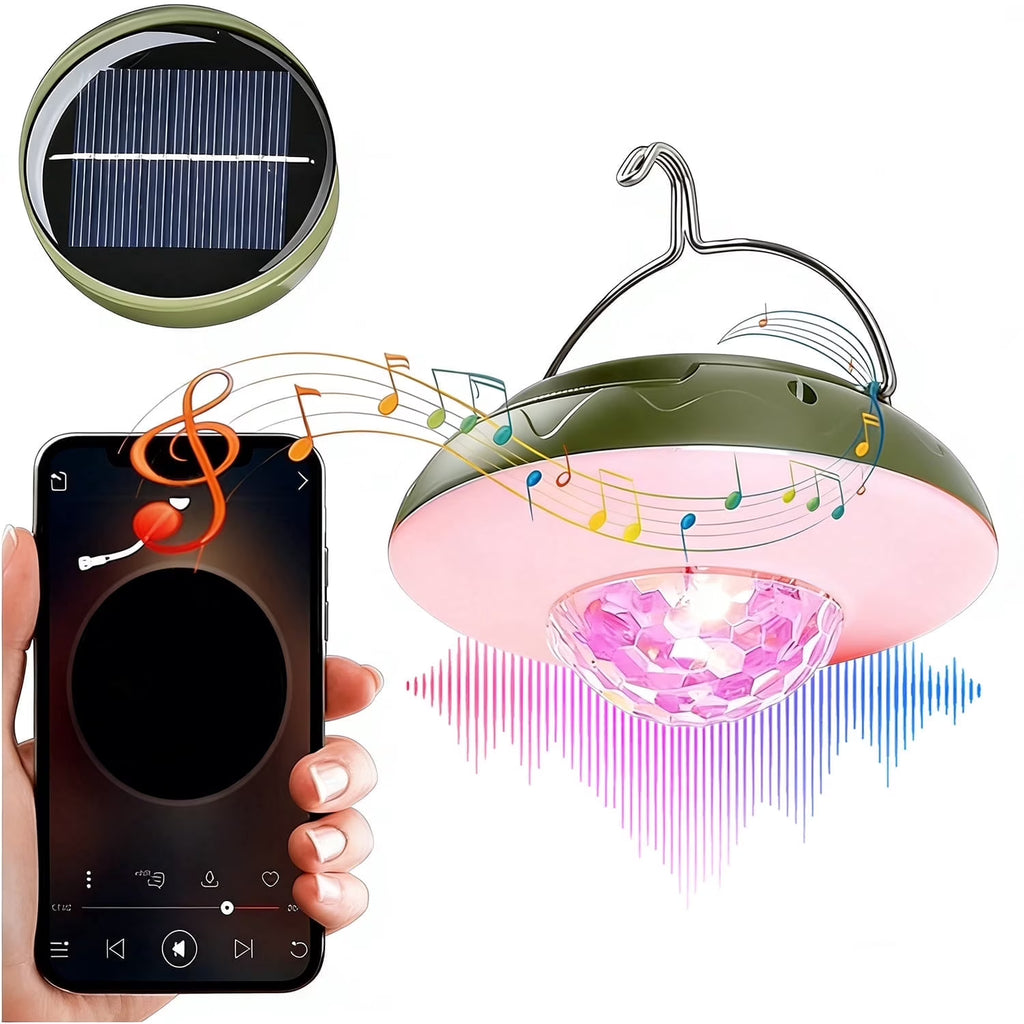 Solar Camping Lights & Lantern with Disco Light Ball, Rechargeable Hanging Tent Light, Music Sync Strobe RGB LED Camping Party Lights with 9 Light Modes & IPX4 Waterproof, Camping Essentials, Green