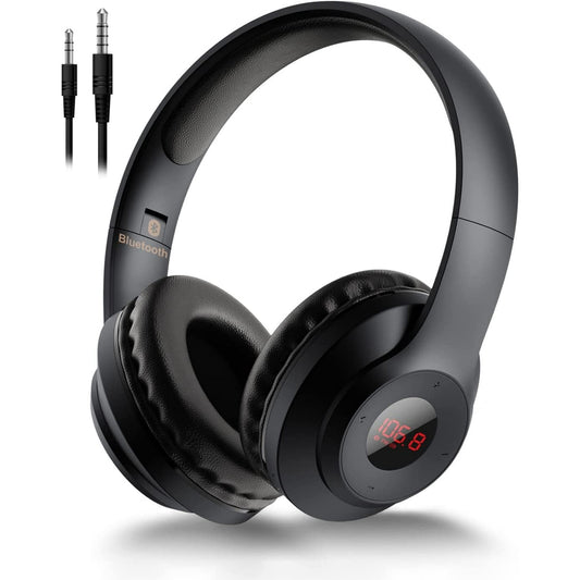 Wireless FM Radio Headphones with Bluetooth Built-in Microphone LED Display Rechargeable & Portable Headphones Soft Ear Muffs FM Headset Radio Receiver for Meeting Works Hiking Jogging