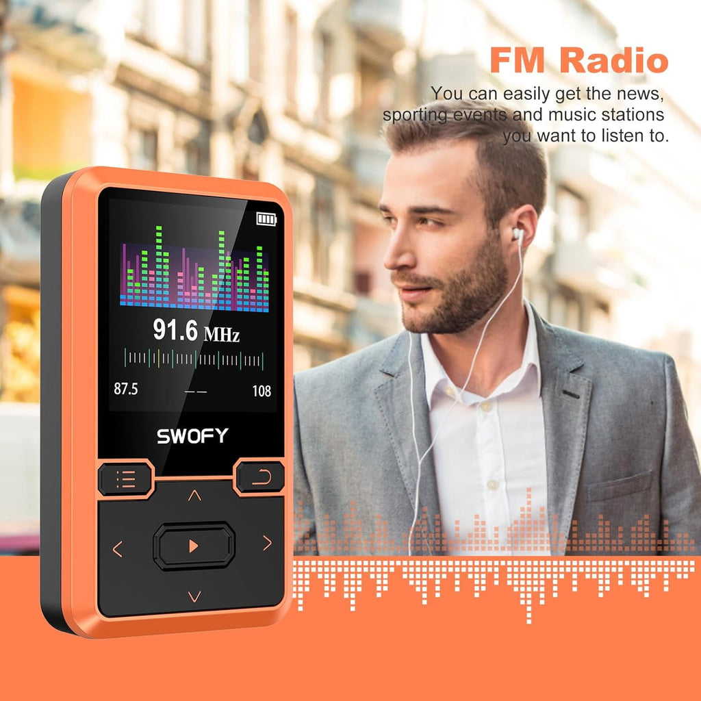 32GB MP3 Player with Bluetooth 5.0 Mini Clip Portable Wearable MP3 Player with FM Radio Recording Children s Music mp3 Player Mp3 Mp4 Player with Pedometer Music Player Support up to 128GB(Orange)