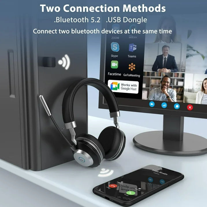 Bluetooth Headset with Microphone,Wireless Headphones with AI Noise Cancelling Mic and USB Dongle,45hrs talktime,On Ear Headphones with Mic Mute for Mac/Laptop/Zoom/Teams/Call Center/Office/Home