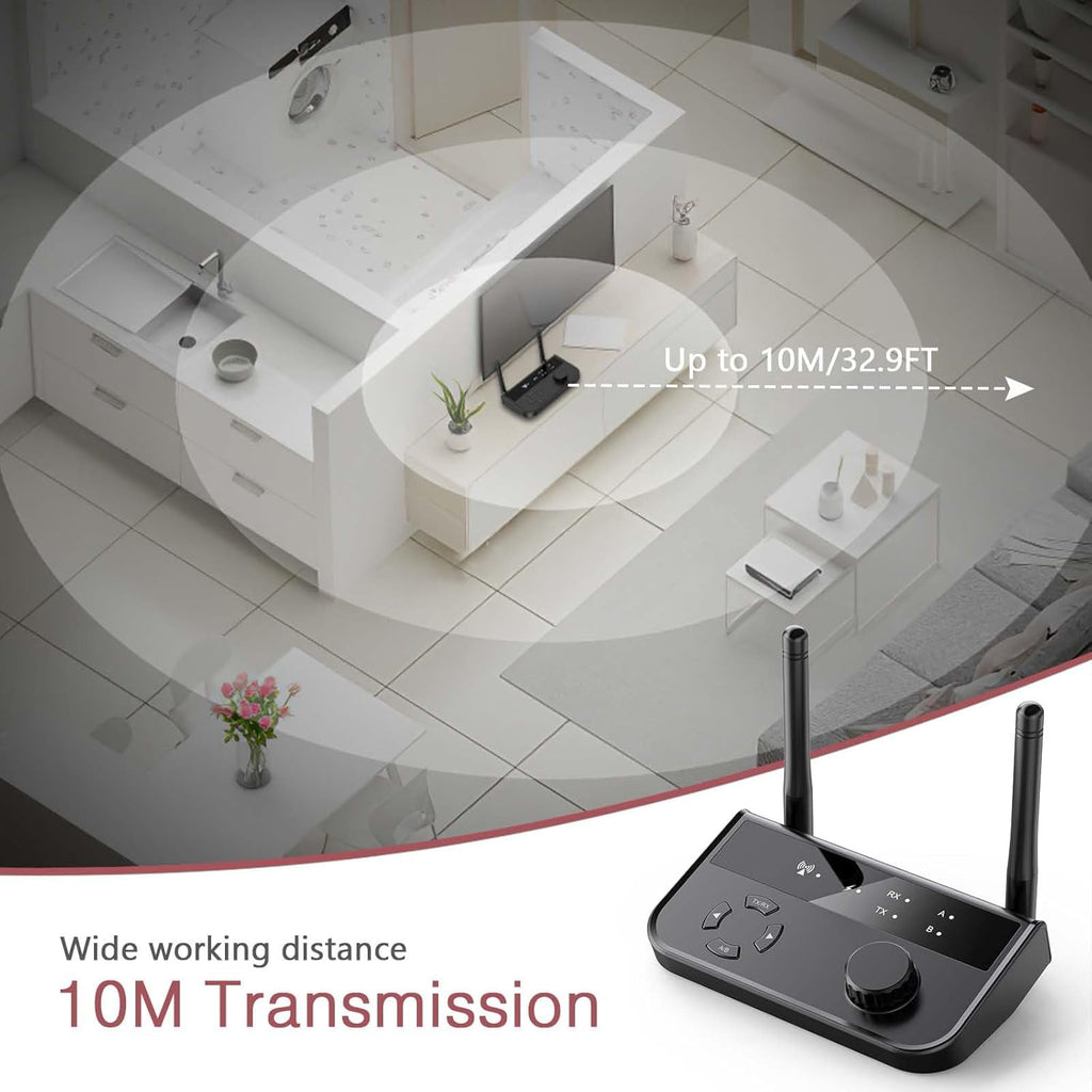 Bluetooth 5.3 Transmitter Receiver Long Range Bluetooth Audio Adapter Wireless Music Receiver with Dual Channel 3.5mm Aux RCA Port for Home Stereo Laptop Speakers