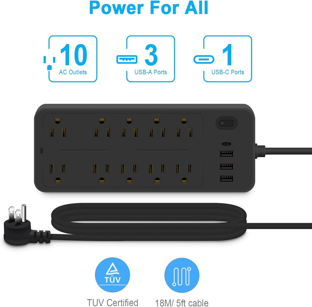 Power Strips with Surge Protection 16Awg Heavy Duty 2000W/13A 10 Outlets with 4 USB Ports (1 USB C) Extension Cord with Multiple Outlets 14-in-1 Flat Plug Power Strip Protector for Home Office Black