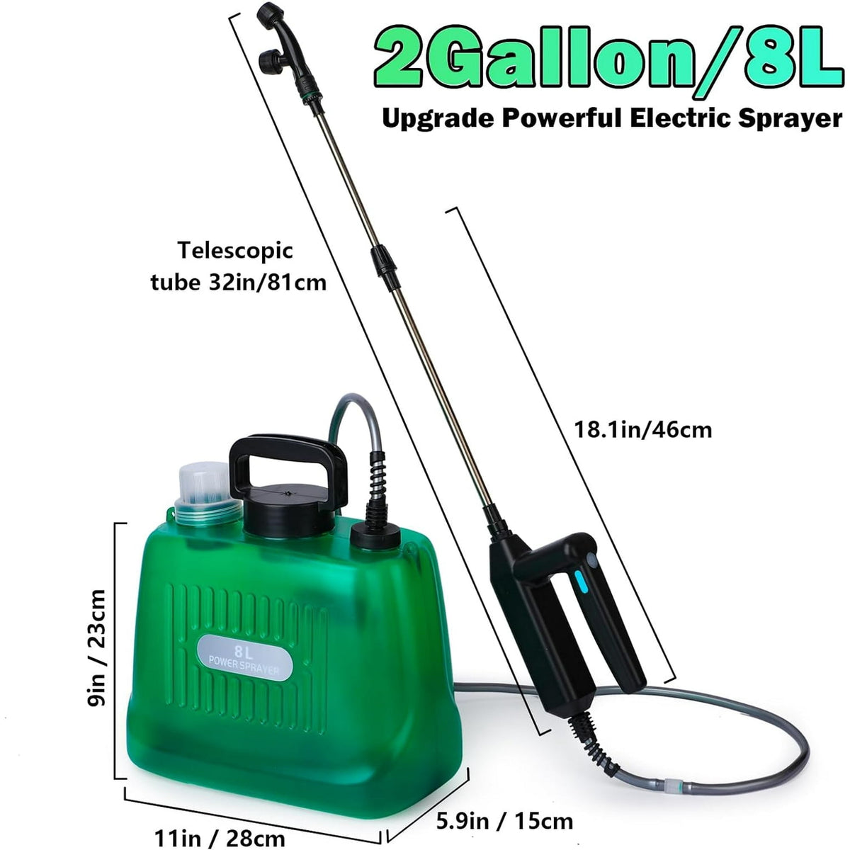 Battery Powered Sprayer 8L Upgrade Electric Sprayer with 4 Mist Nozzles 2000mAh Portable Lawn Sprayer Pump 32in Shoulder Strap Retractable Wand 2 Water Filling Holes for Lawn Garden Cleaning