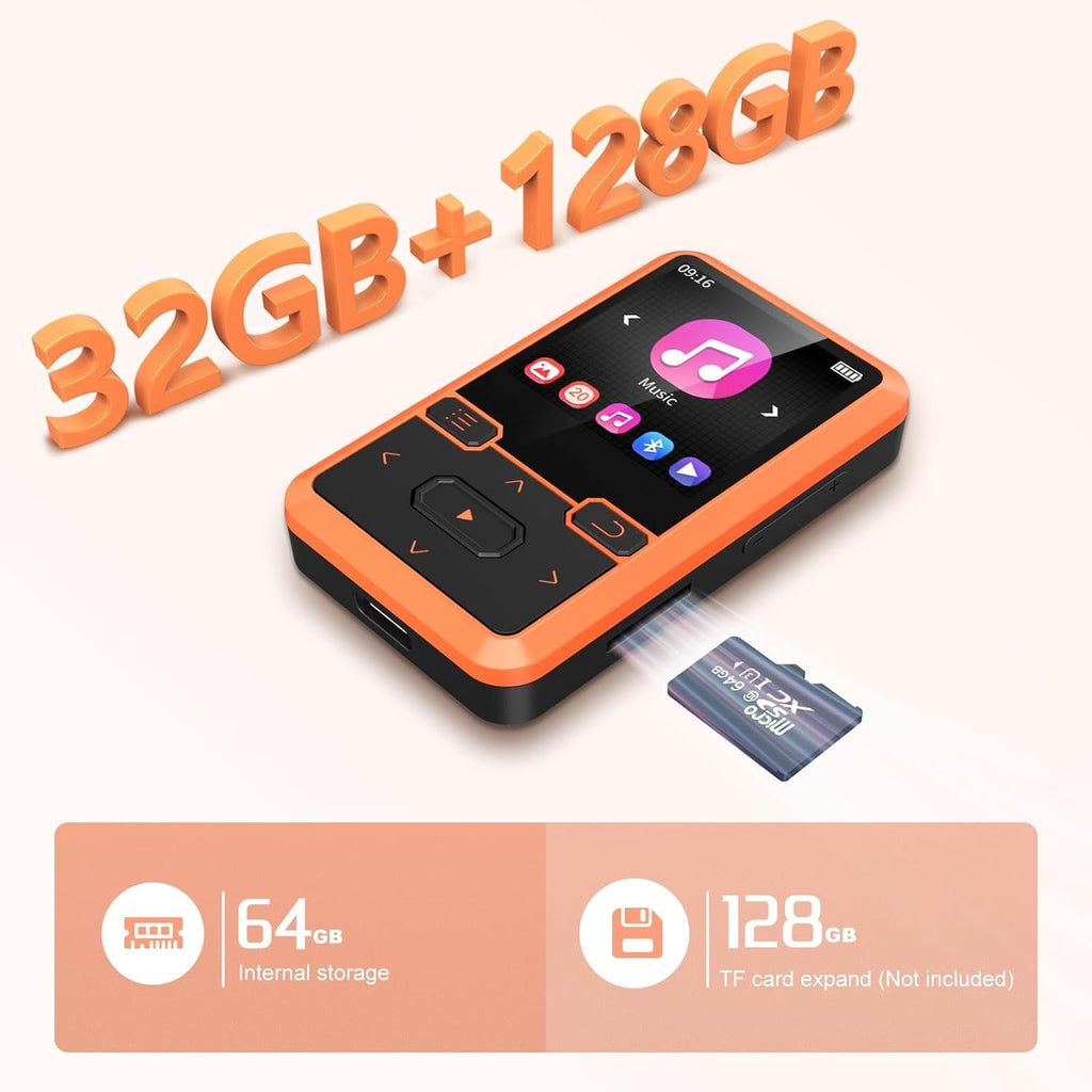 32GB MP3 Player with Bluetooth 5.0 Mini Clip Portable Wearable MP3 Player with FM Radio Recording Children s Music mp3 Player Mp3 Mp4 Player with Pedometer Music Player Support up to 128GB(Orange)