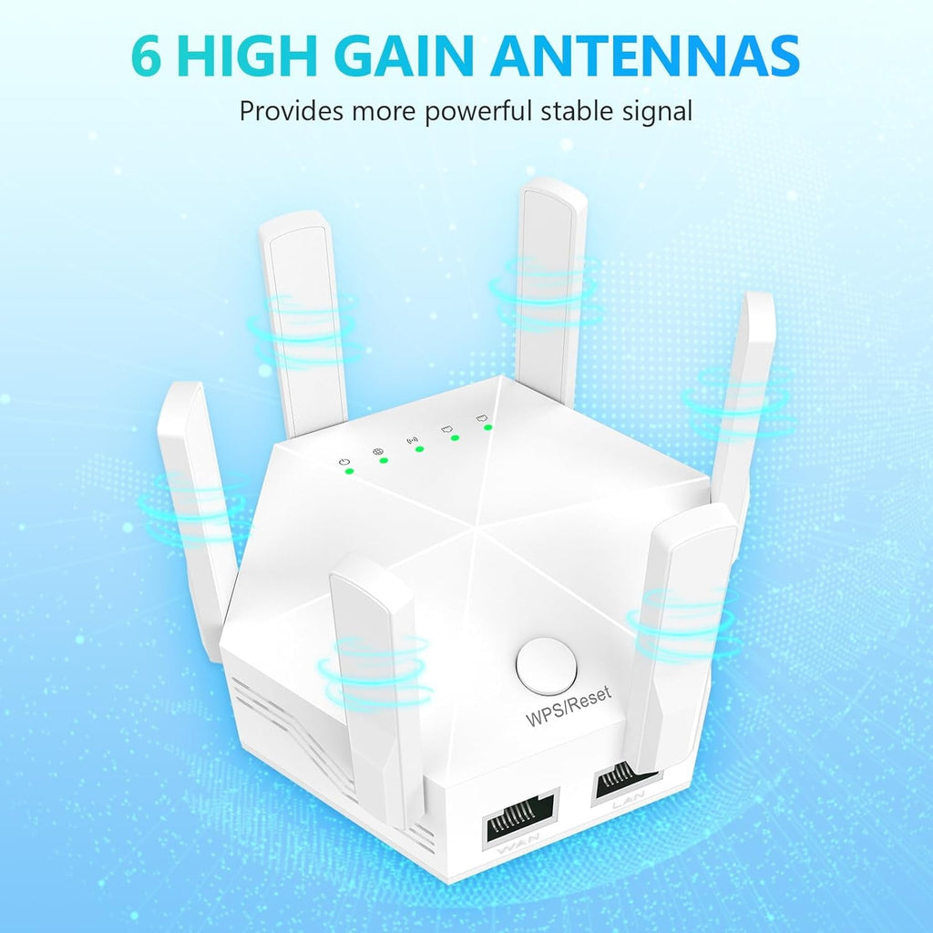 WiFi Amplifier WLAN Booster WLAN Repeater WiFi Range Extender 300Mbps(5999sq.ft) WiFi 2.4GHz Band WPS Wireless Signal Strong Penetrability with Ethernet Port 6 Antennas 360° Full Coverage
