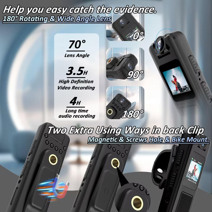 Mini Body Camera with Audio & Video Recording -1080p 64GB Camcorders -180° Rotatable Lens, with Night Vision, Loop Recording Worn Cams - for Personal Travel, Walking, Law Enforcement Outdoor