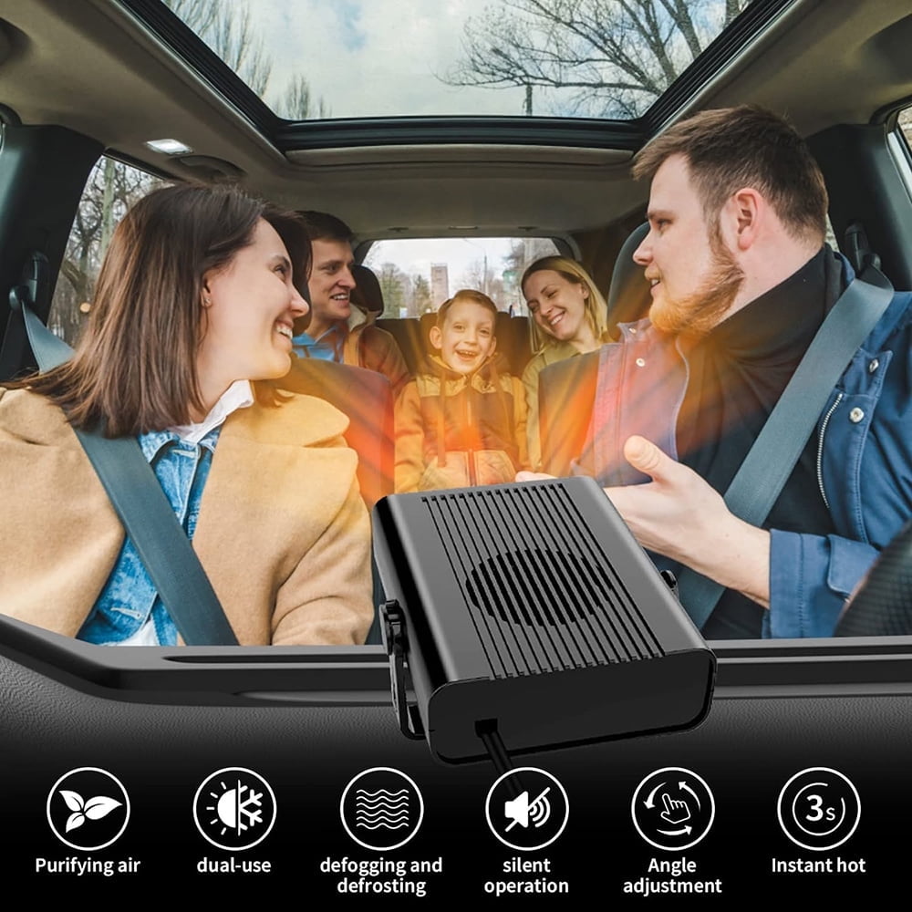 2 in1 Fast Heating and Cooling Car Heaters Portable Car Heater 12v Car Heater and Defroster Plug-In Car Windscreen Fan For All Cars 360°Degree Defroster with Rotatable Suction Holder Black