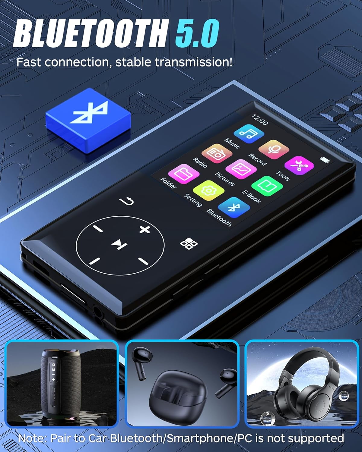 MUSICOZY 128GB MP3 Player with Bluetooth - Portable Mp3 Music Player with HiFi Speaker 2.4 Screen MP3 Player with Voice Recorder FM Radio Touch Buttons Support up to 256GB SD Card For Sports