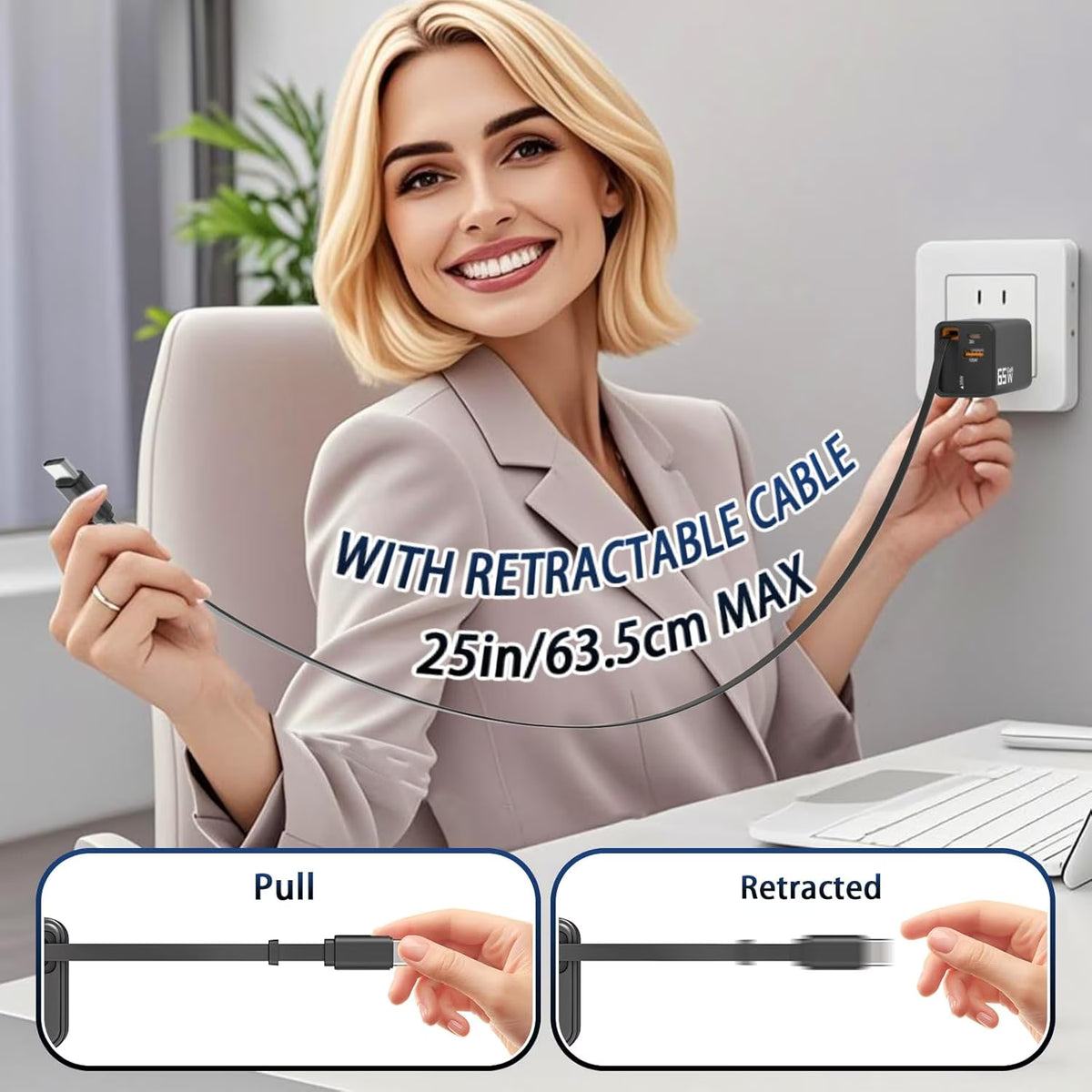 Retractable Charger, Type C Charger Fast Charging, 65W Retractable USB C Charger with Type-C Cable and QC18W PD30W Port, PD PPS Fast Charging Block with Foldable Plug Travel Essentials