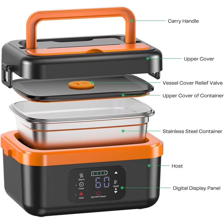 Cordless Electric Lunch Box for Adults, Rechargeable Self-Heating Lunch Box Food Warmer with Timer&Adjustable Heating,34oz/1L Stainless Container with Insulated Bag for Office,Picnic,Car&Outdoor Use