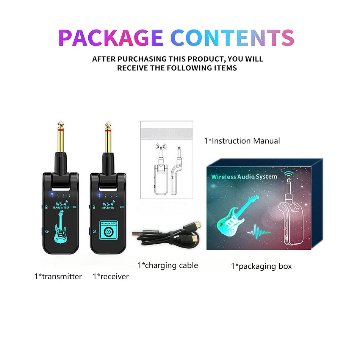 Wireless Guitar System, 2.4 GHz with 8 Channels Rechargeable Audio Wireless Guitar Transmitter Receiver for Electric Bass Guitar Electric Wind Instruments, 48K/16 bit Real-time Transmission (Black)