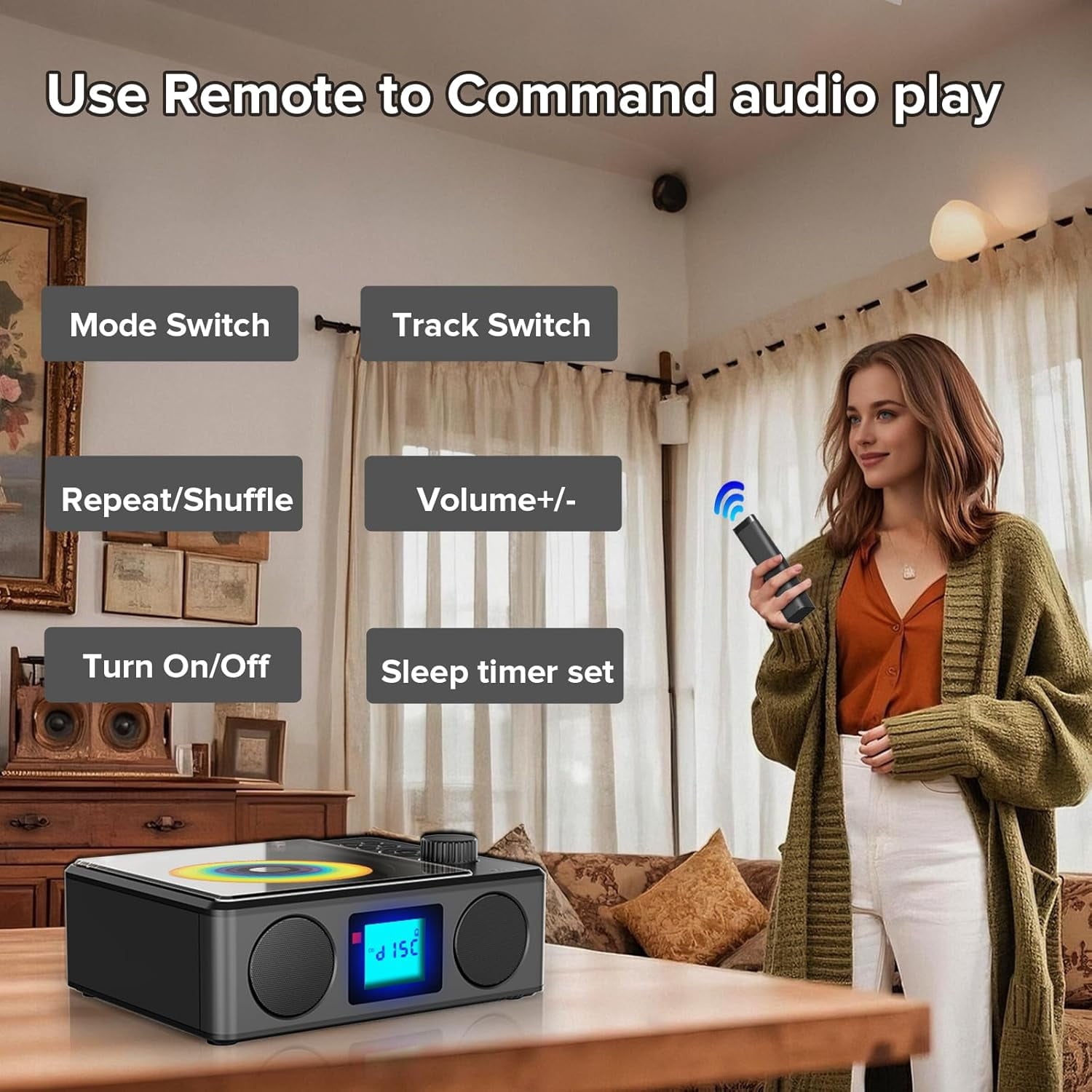 Portable CD Player Bluetooth with Speakers and Remote Rechargeable Desktop CD Radio with Sleep Timer-Retro Portable CD Players for Home/Outdoor - USB/TF/LCD Display/Earphone Jack-Music Lover/Gift
