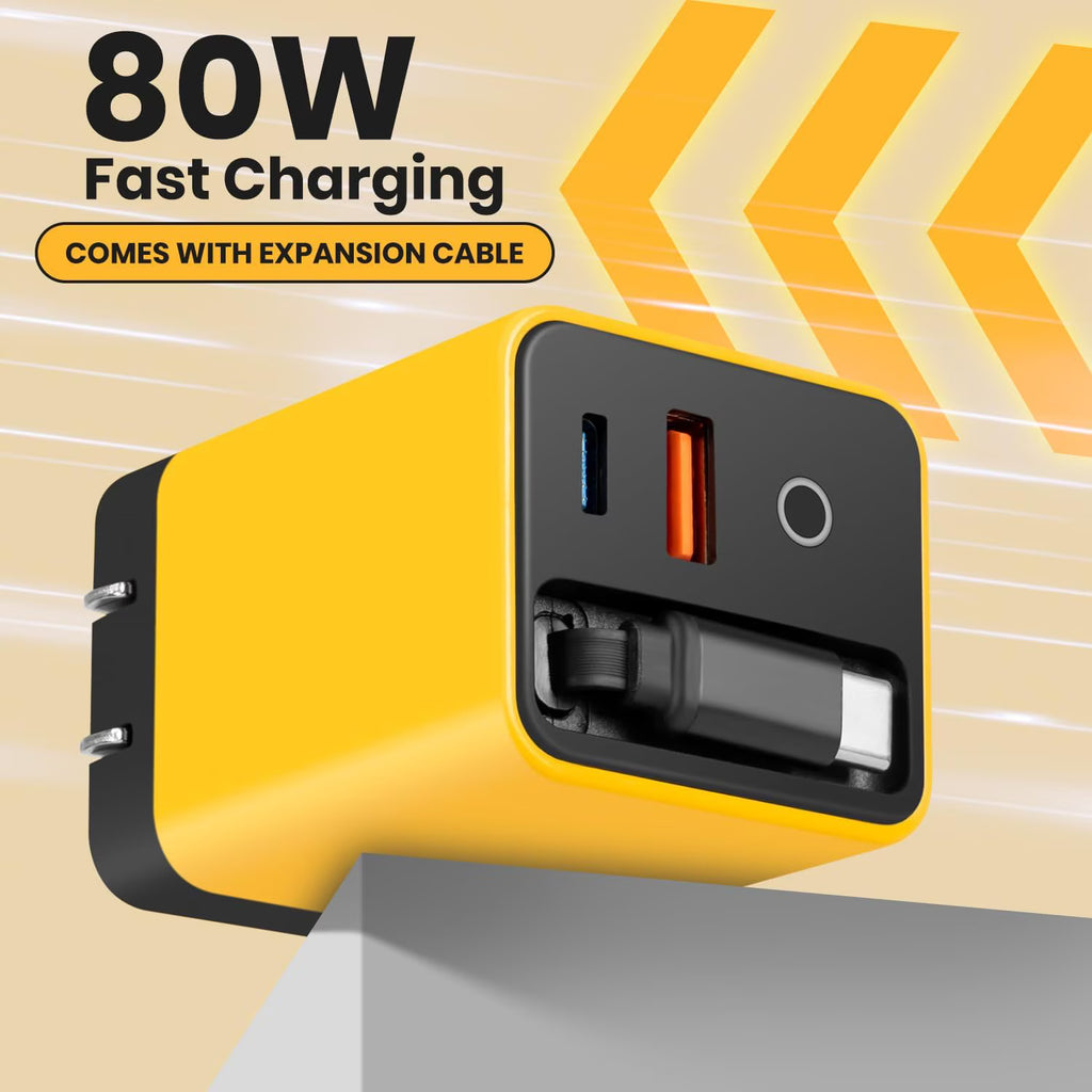 3 in 1 Type C Charger Fast Charging, 80w Charger Retractable Cable, Retractable USB C Charger with Type-C Cable & 2 USB Ports, All in One Chargers Retractable Cable, Home Travel Essential (Yellow)