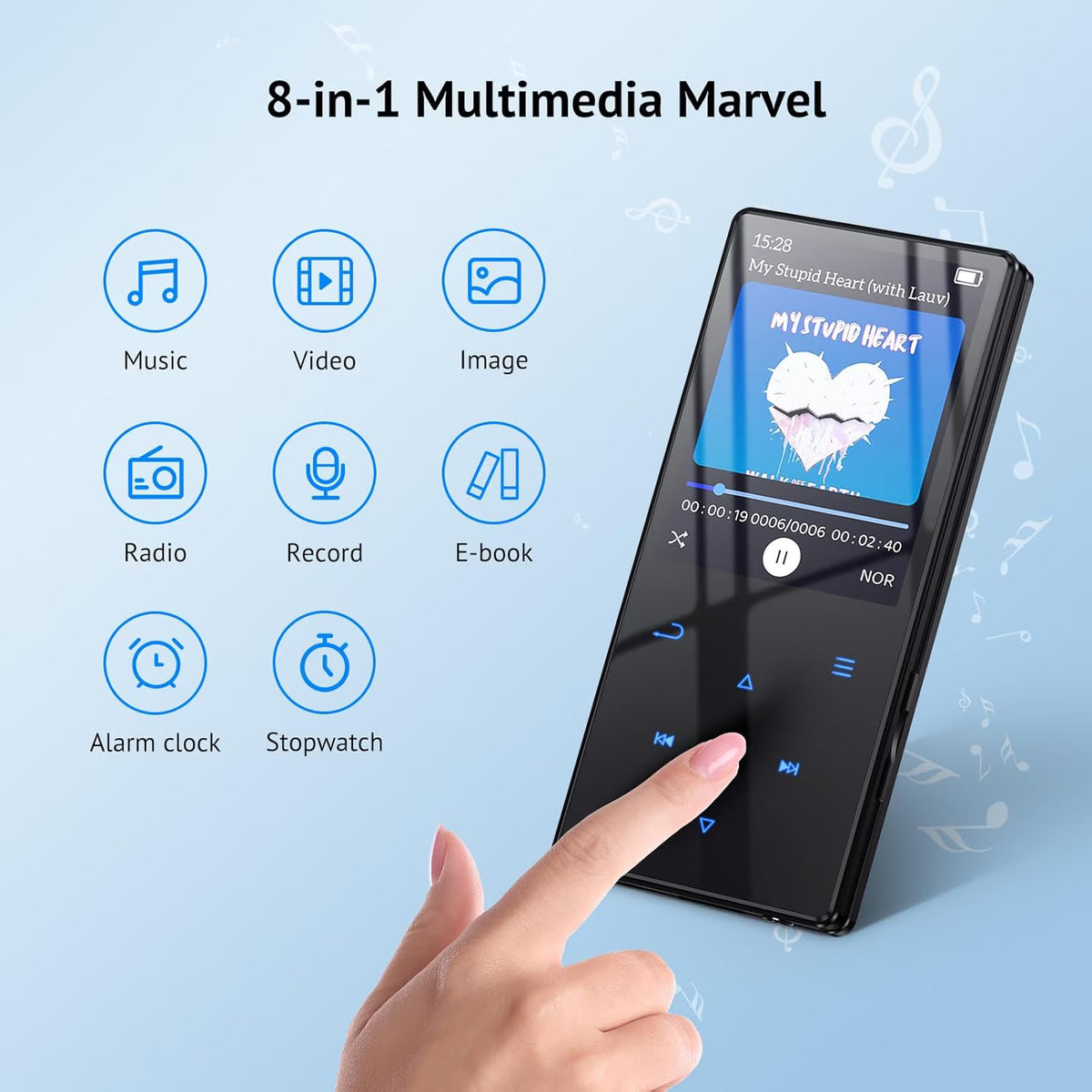 MUSICOZY 32GB MP3 Player with Bluetooth 5.3,Music Player Features HD Speaker, Earphone,2.4" Touch Buttons Screen with FM Radio Voice Recorder E-Book HiFi Sound,Support up to 128GB for Walking,Running