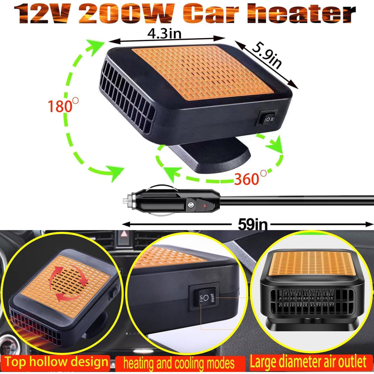 Car Heaters for Vehicle, 12V 200W Fast Heating and Cooling for Car Portable Car Heater and defroster That Plugs into Cigarette Lighter for Car 360° Rotary Car Defroster Windshield Heater (Orange)