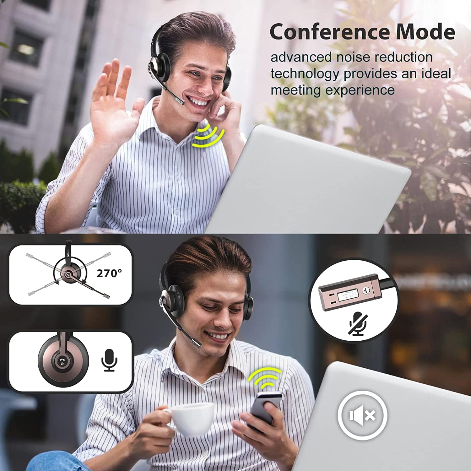 MUSICOZY Bluetooth Headset with Microphone Wireless Headphones with Noise Cancelling Mic 26hrs talktime On Ear Headphones with Mic Mute for Mac/Laptop/Zoom/Teams/Call Center/Office/Home Rose Gold
